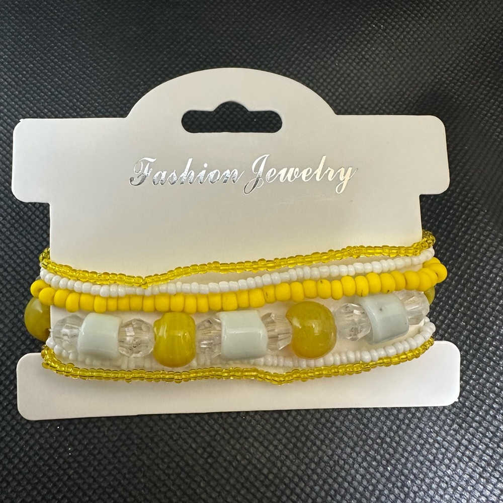 Yellow and White Beaded Bracelet Set